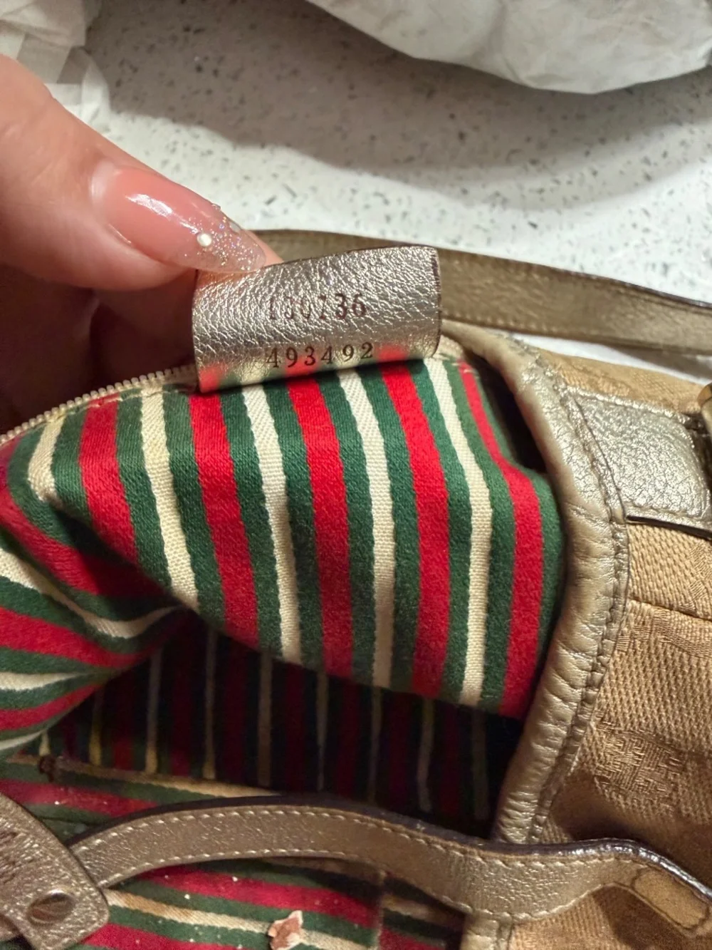 Gucci GG Canvas Shoulder Bag Gold Leather Straps Beige Monogram Web Stripe Authe
